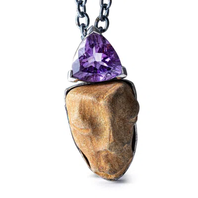 German Kabirski Women's Purple / Brown / Silver Tanit Silver Pendant With Ancient Mediterranean Limestone Maskette A