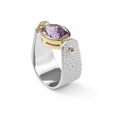 German Kabirski Women's Purple / Silver / Gold Shadrafa Gold Plated Silver Ring With Amethyst In Green