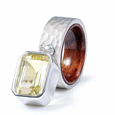 German Kabirski Women's Silver / Brown / Yellow Apsara Silver And Rosewood Ring With Octagon Lemon Quartz