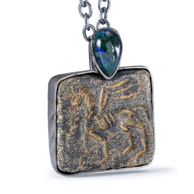German Kabirski Women's Ugallu Silver Pendant With Ancient Near Eastern Steatite Winged Lion Amulet And Black Opal In Multi