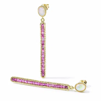 German Kabirski Women's White / Pink / Gold Calypso Gold Plated Silver Earrings With Natural Opal And Raw Pink Sapph