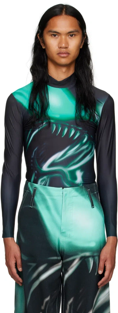 Gerrit Jacob Black & Blue Printed Long Sleeve T-shirt In Teal/aqua