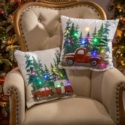 Gerson International 16 In. Illuminating Red Truck And Holiday Camper Pillows Set Of 2 In Multi