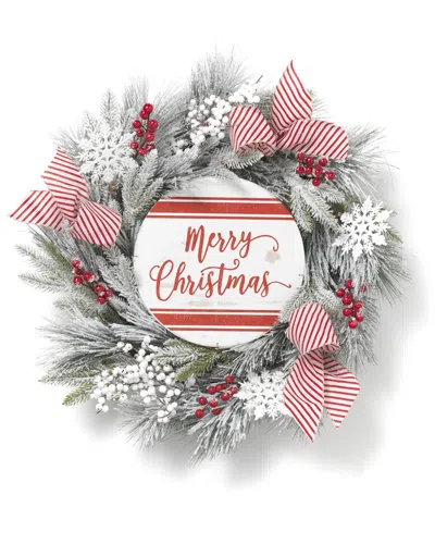 Gerson International 24in Flocked Merry Christmas Wreath With Snowflakes