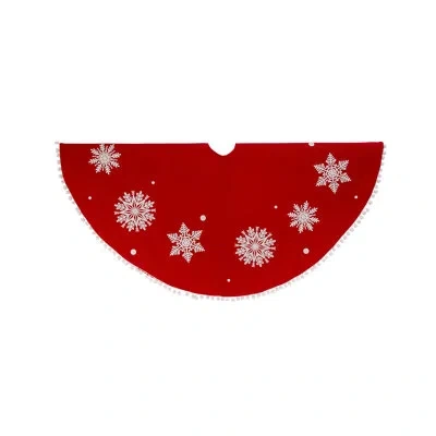 Gerson International 48 In. Red Velvet Tree Skirt With White Snowflakes And Pom Poms