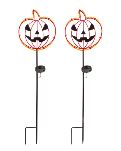 Gerson International Set Of 2 31.8in Solar Pumpkin Face Yard Stake In Orange