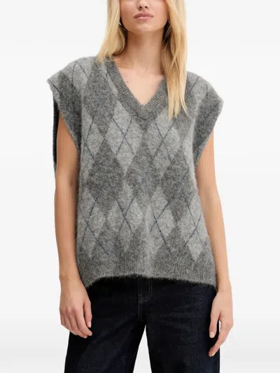 Gestuz Argyle-knit V-neck Vest In Gray