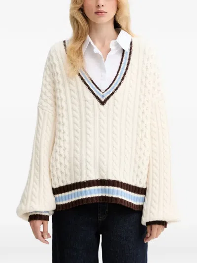 Gestuz Cable-knit Striped V-neck Sweater In Neutral