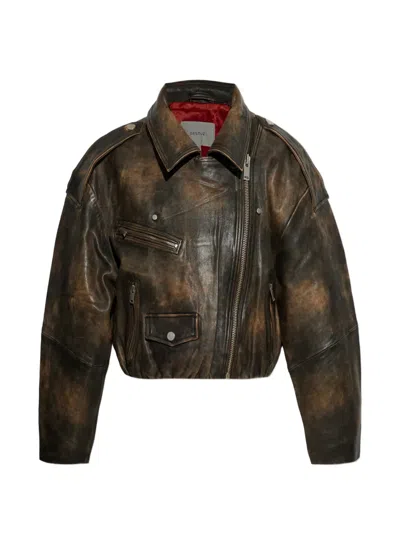 Gestuz Diana Asymmetric-zip Leather Jacket In Brown