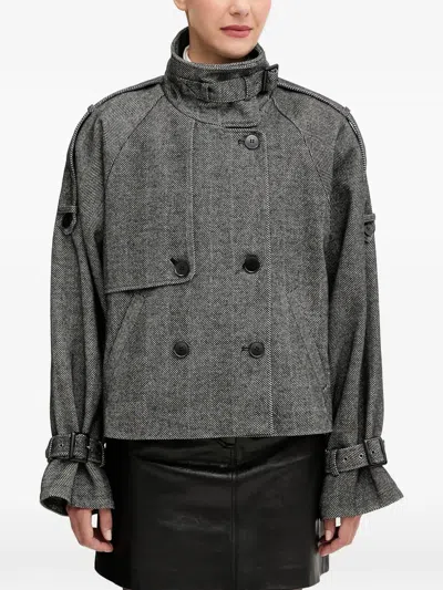 Gestuz Herringbone-pattern Double-breasted Coat In Gray