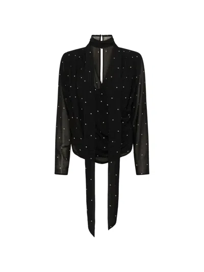 Gestuz Polka-dot Tie-neck Blouse In Black
