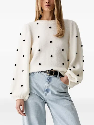 Gestuz Pom-pom Balloon-sleeve Sweater In White