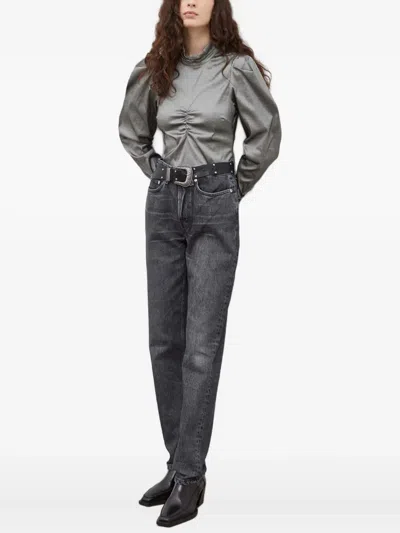 Gestuz Ruched Puff-sleeve Top In Gray