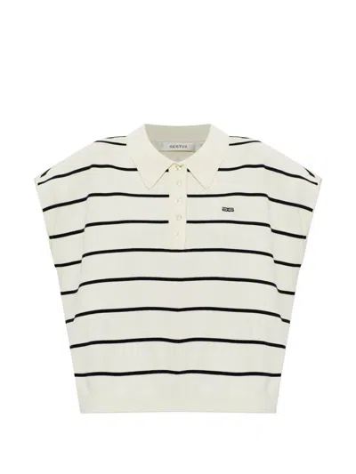 Gestuz Striped Short-sleeve Polo Top In White