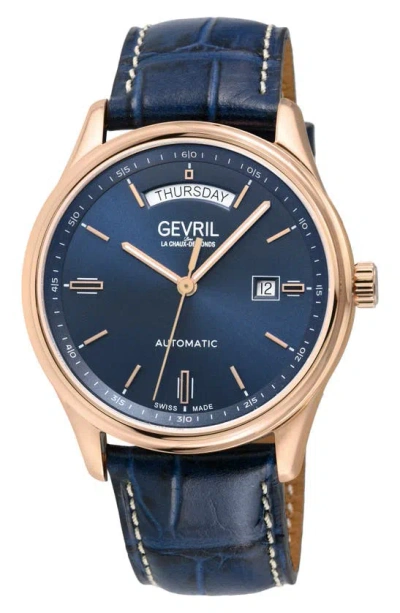 Gevril Excelsior Croc Embossed Leather Strap Watch, 42mm In Blue