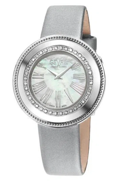Gevril Gandria Diamond Bezel Mother-of-pearl Dial Leather Strap Watch, 36mm In Metallic