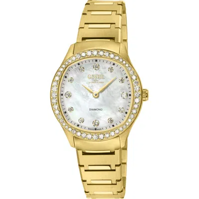 Gevril Lugano Crystal Mother-of-pearl Dial Bracelet Watch, 30mm X 36mm In White