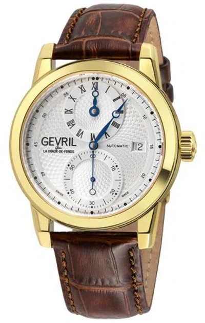 Pre-owned Gevril Men's 24051 Gramercy Swiss Automatic Gold Ip Gmt Date Brown Leather Watch