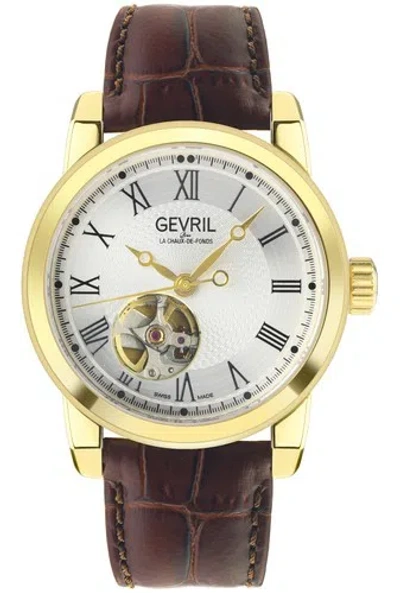 Pre-owned Gevril Men's 2584 Madison Swiss Automatic Silver Dial Gold Ip Leather Watch