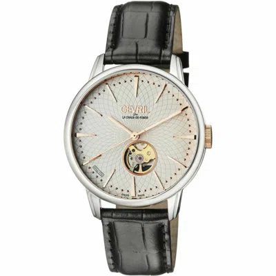 Pre-owned Gevril Men's 9601 Mulberry Swiss Automatic Open Heart Dial Black Leather Watch
