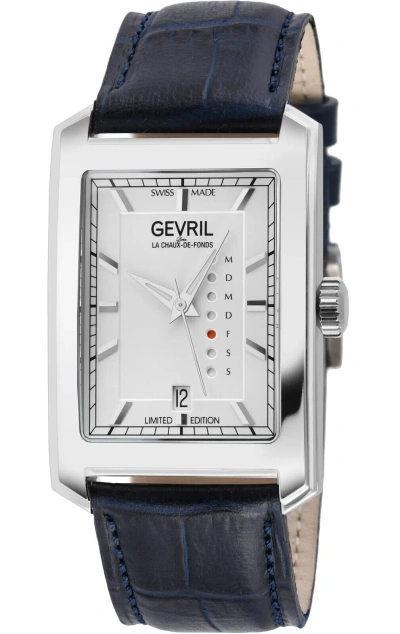 Pre-owned Gevril Mens 371.60.62 Manhattanhenge Swiss Automatic Blue Leather Day Date Watch