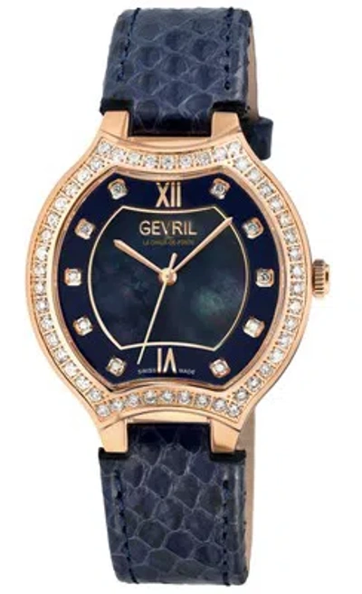 Pre-owned Gevril Women's 11253 Lugano Swiss Quartz Diamond Blue Mop Dial Leather Watch