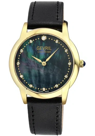 Pre-owned Gevril Women's 13027 Airolo Swiss Quartz Diamond Black Mop Dial Leather Watch