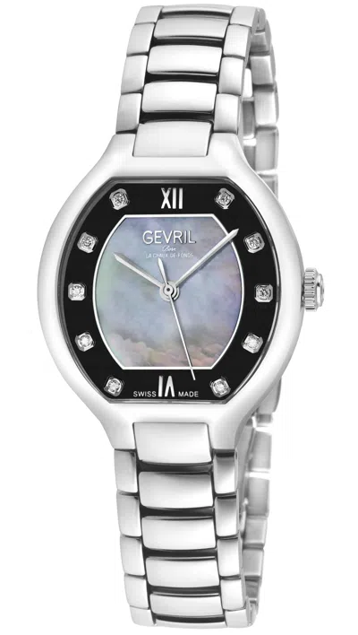 Gevril Women's Lugano Swiss Diamond Watch, Black Mop Dial,316l Stainless Steel Case, 316l Stainless Steel B In Metallic
