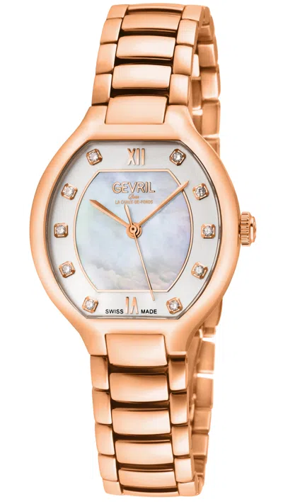 Gevril Women's Lugano Swiss Diamond Watch, White Dial Mop Dial, Iprg Case, Ss/iprg Bracelet Watch. In Multi
