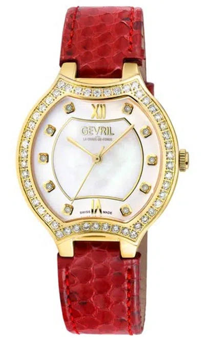 Pre-owned Gevril Womens 11221 Lugano Swiss Quartz Diamond Mop Dial Red Snake Leather Watch