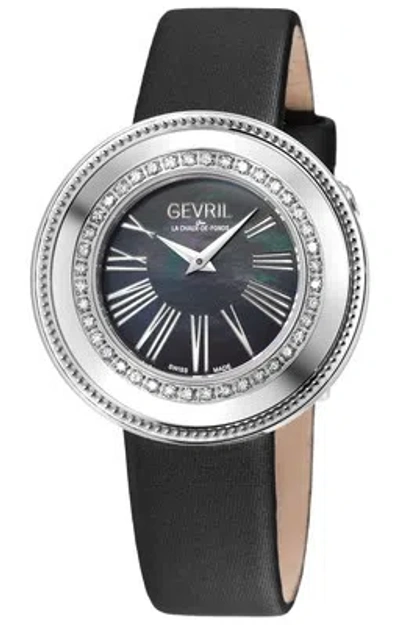 Pre-owned Gevril Womens 12147 Gandria Swiss Quartz Diamond Mop Dial Black Satin Band Watch