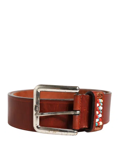 Gf Ferre' Bordeaux Wide Leather Waist Gold Silver Buckle Belt In Brown
