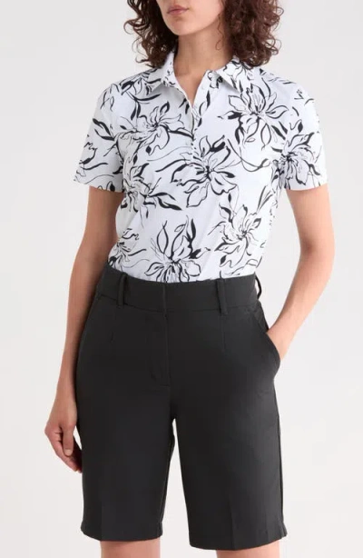 G/fore Big Floral Silky Tech Performance Polo In Snow/onyx
