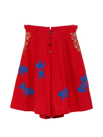 Gg In Red Graphic-embroidered Shorts In Multi