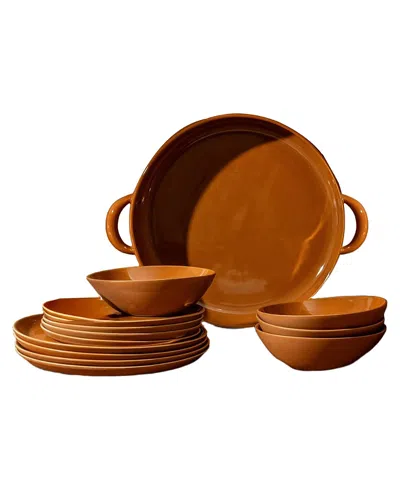 Gharyan Stoneware Family Feast Dinnerware, Set Of 13 Pieces In Brown