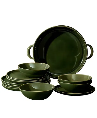 Gharyan Stoneware Family Feast Dinnerware, Set Of 13 Pieces In Green