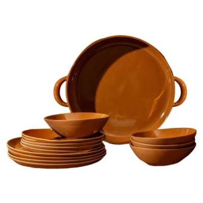 Gharyan Stoneware Family Feast Dinnerware, Set Of 13 Pieces In Brown