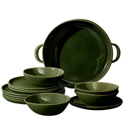 Gharyan Stoneware Family Feast Dinnerware, Set Of 13 Pieces In Green