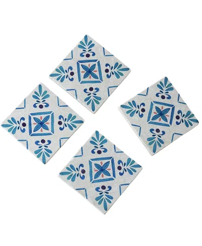 Gharyan Stoneware Malaga Patterned Marble Tiles Coasters, Set Of 4 In Blue