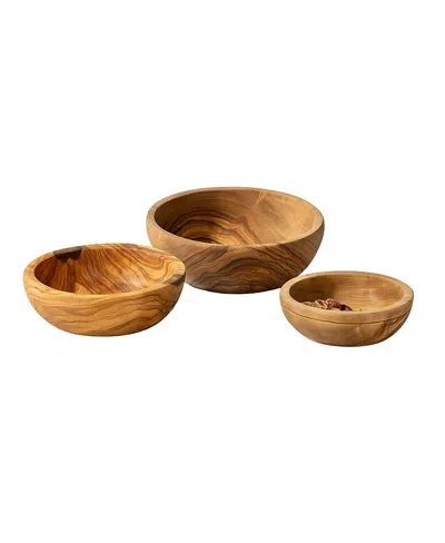 Gharyan Stoneware Natural Olive Wood Nesting Bowls, Set Of 3 In Brown