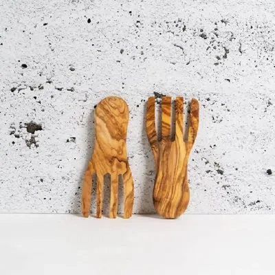 Gharyan Stoneware Olive Wood Salad Servers Flat Forks Set