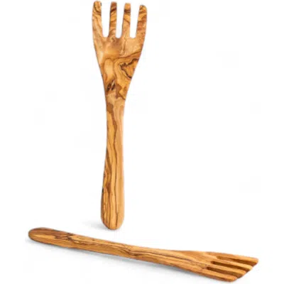 Gharyan Stoneware Olive Wood Serving Spatula Forks In Natural