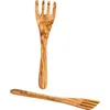 Gharyan Stoneware Olive Wood Serving Spatula Forks, Set Of 2 In Brown