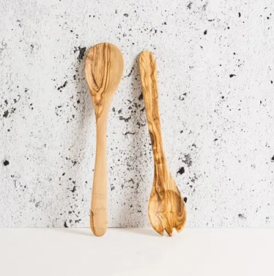 Gharyan Stoneware Olive Wood Utensils Serving Set In Natural