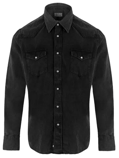 Gherardi Black Corduroy Shirt With Classic Collar And Flap Pockets