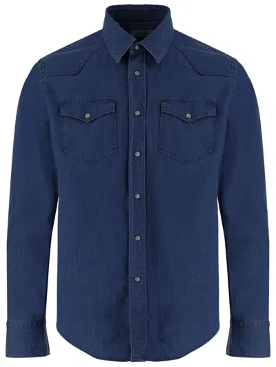 Gherardi Dark Denim Dual Pocket Cotton Shirt In Blue
