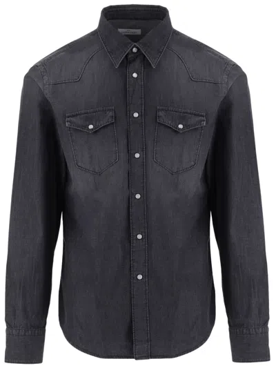Gherardi Dark Gray Cotton Denim Patch Pockets Shirt In Black