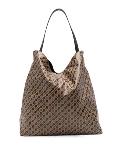 Gherardini Brown Hobo Toffee Bag With All-over Logo In Beige