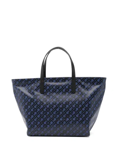 Gherardini Softy Odissey Shopping Bag With All-over Logo Blue  In Multi
