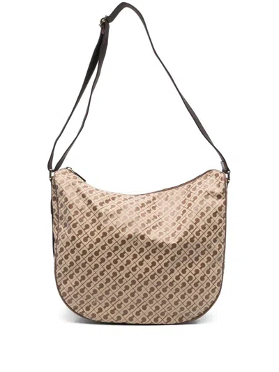 Gherardini Softy Tobacco Shopping Bag With All-over Brown Logo  In White